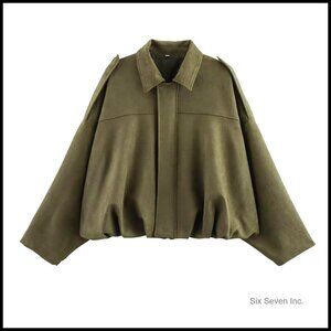 Faux Suede Bomber Jacket Oversized Lapel Pilot Coat Casual Streetwear Chic